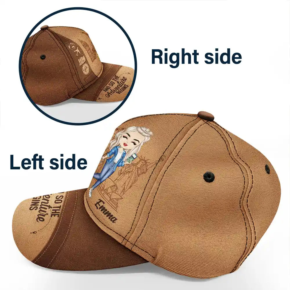 Personalized Classic Cap, 'Just a girl boy loves traveling', brown polyester-cotton blend.