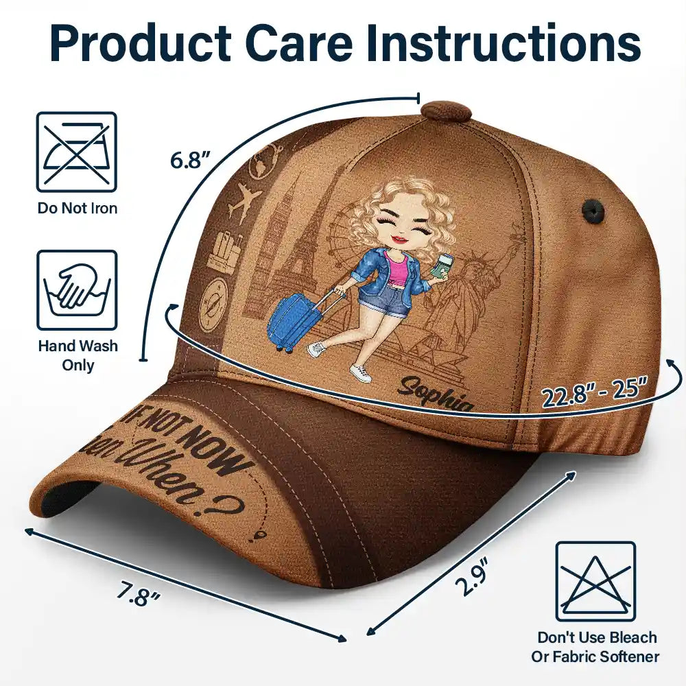 Personalized Classic Cap - 'Just a girl who loves traveling' travel design, brown cap, adjustable fit, care instructions.