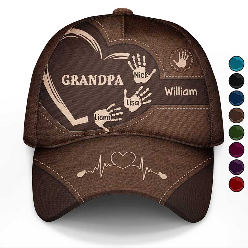 Personalized Handprints Cap: Grandpa, Dad, Kids. Family bond tribute, custom design.