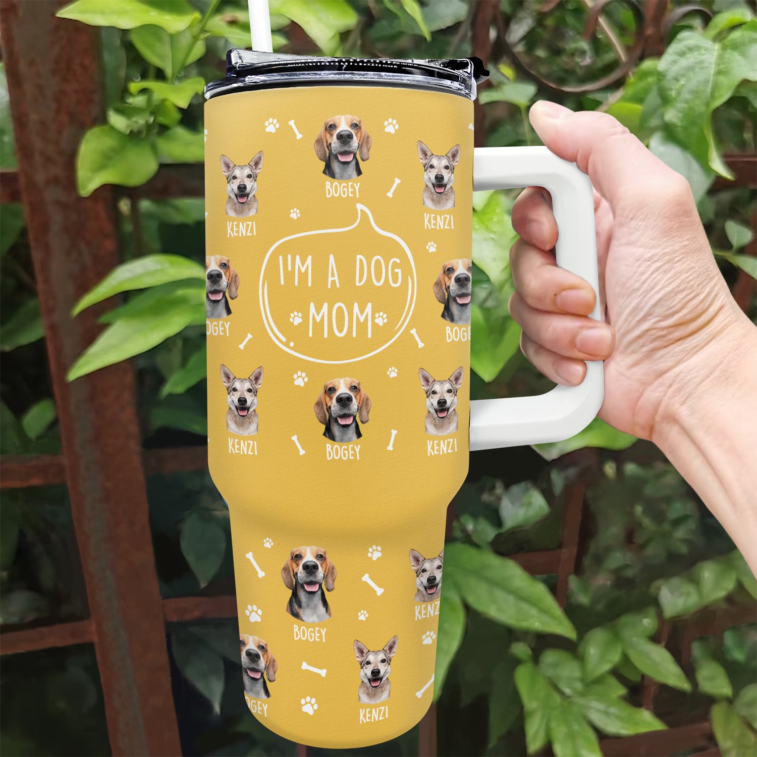 Yellow 40oz Dog Mom Tumbler with Paw Prints - Custom Gift