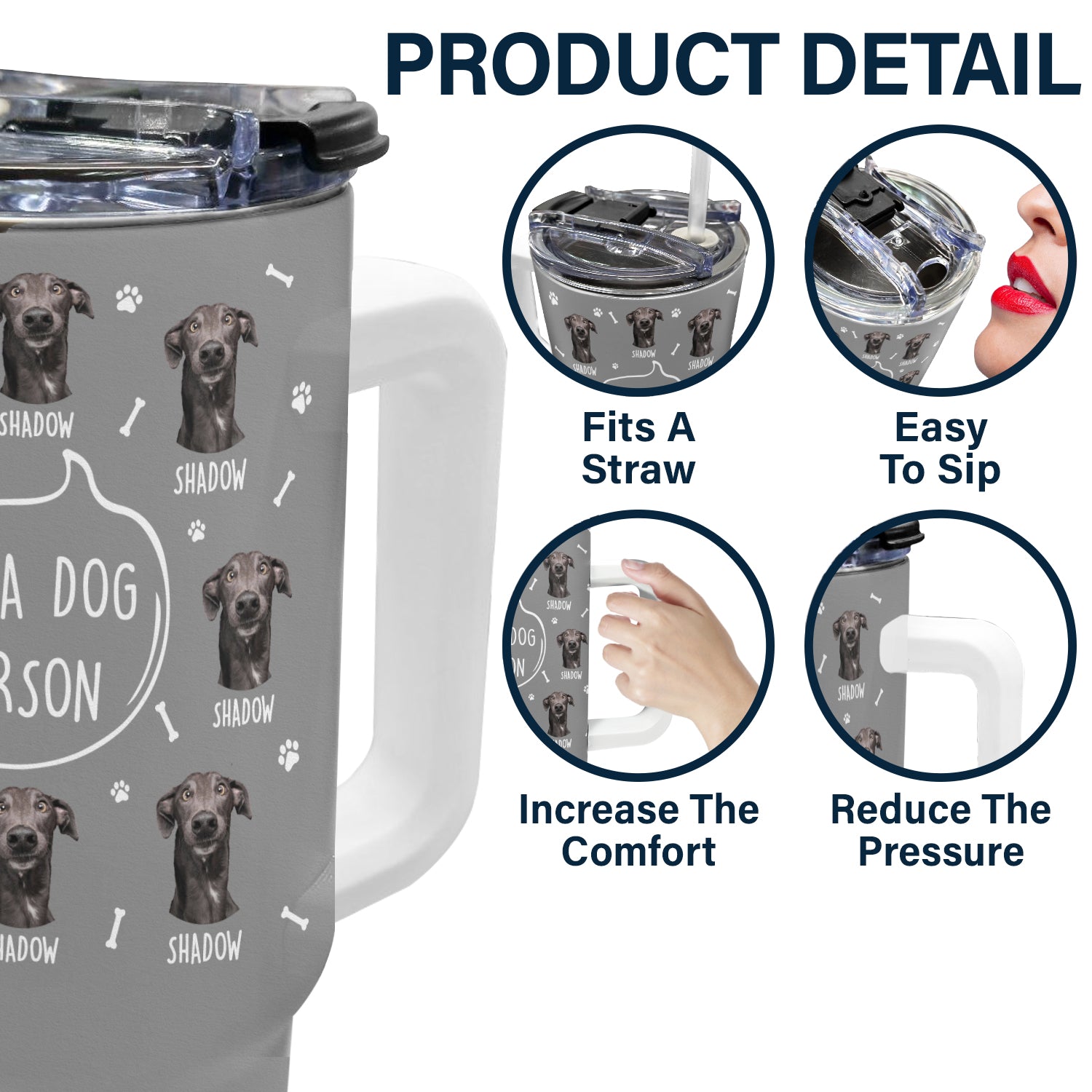 Custom 40oz Dog Person Tumbler with Straw, Product Details: Straw, Easy to Use, Increase The Comfort, Reduce The Pressure