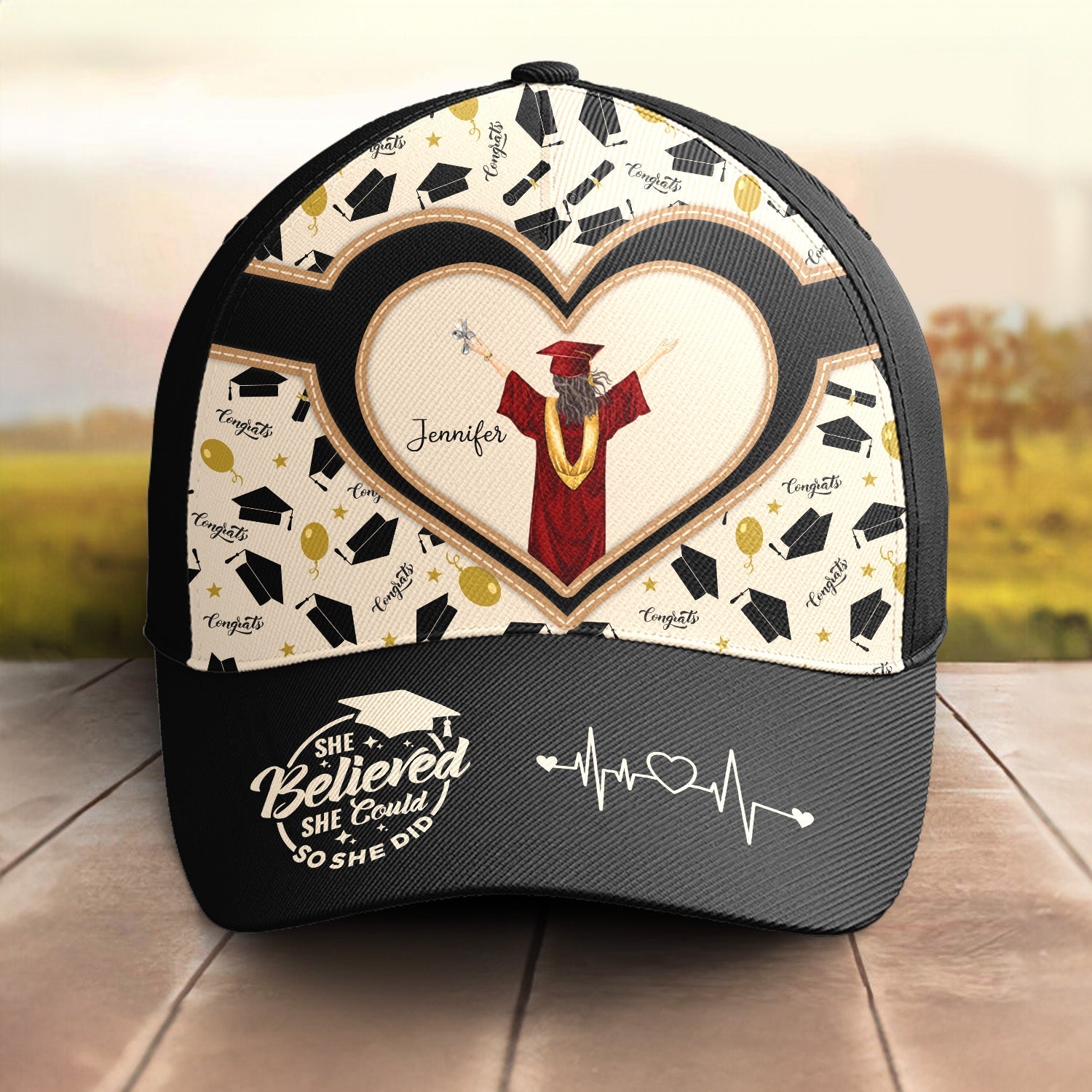 She Believed She Could So She Did - Personalized Classic Cap, black cap with graduation design, polyester material.