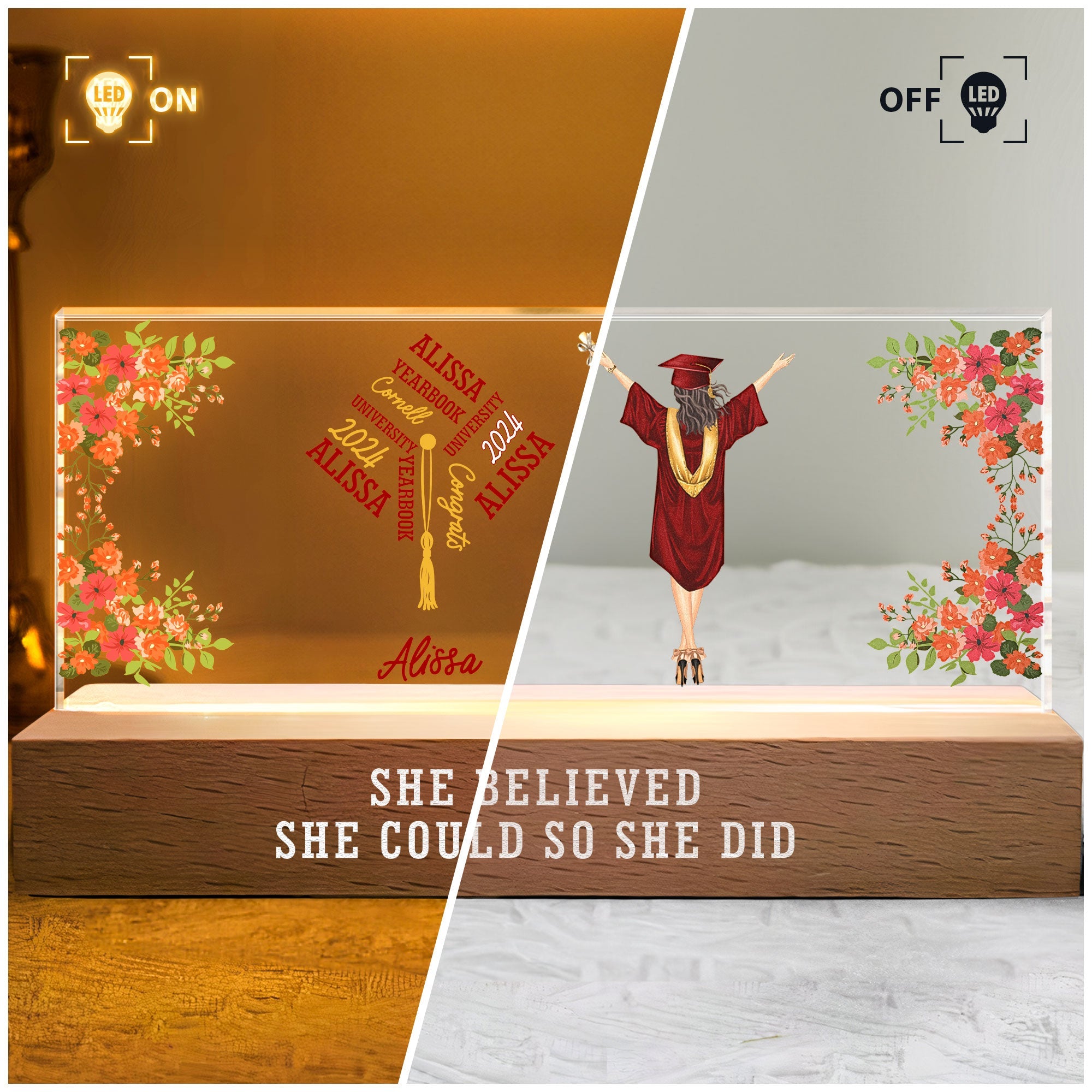'She Believed She Could So She Did' LED Night Light - Wooden Base & Acrylic Panel