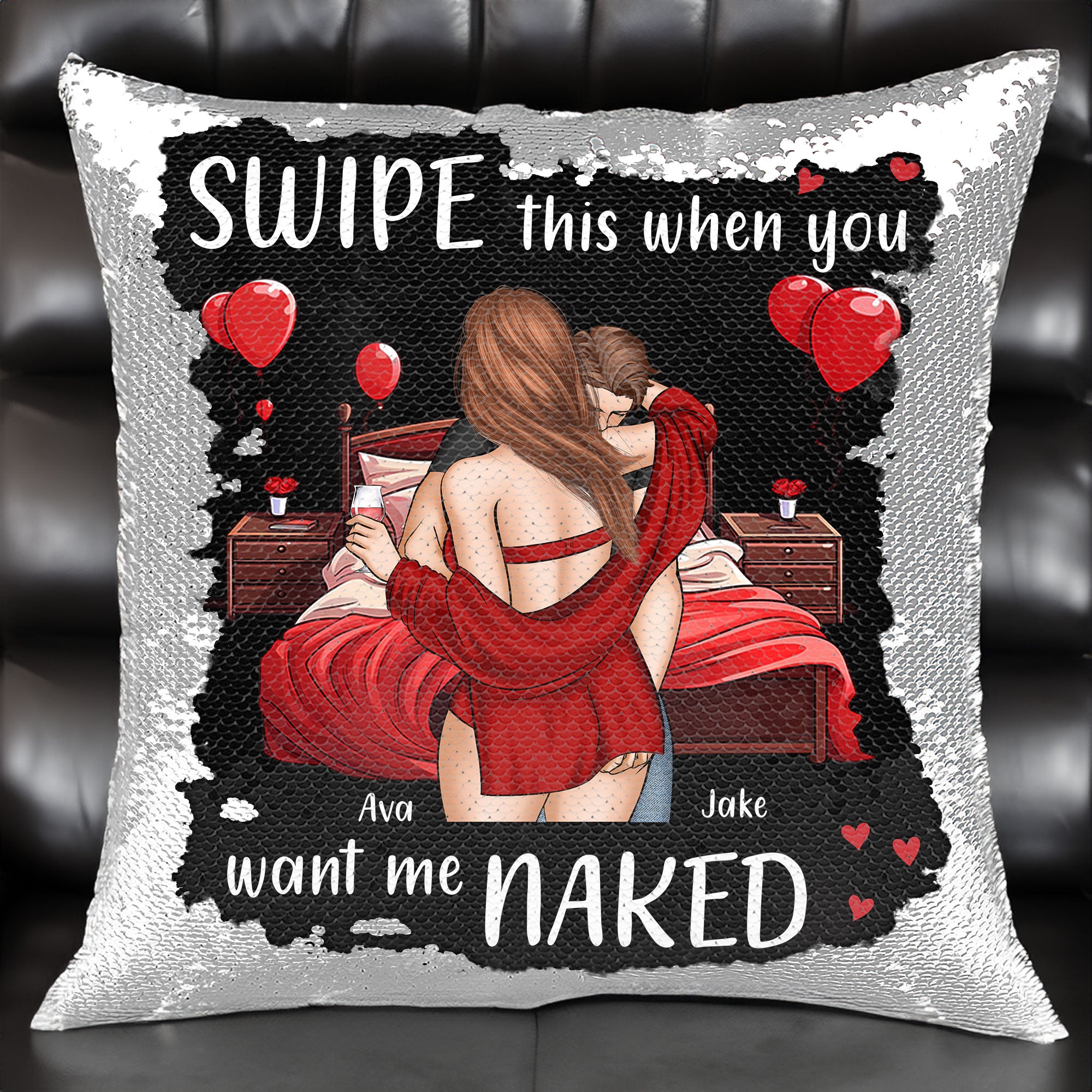Personalized Sequin Pillow with 'Swipe this when you want me naked' message, romantic gift.