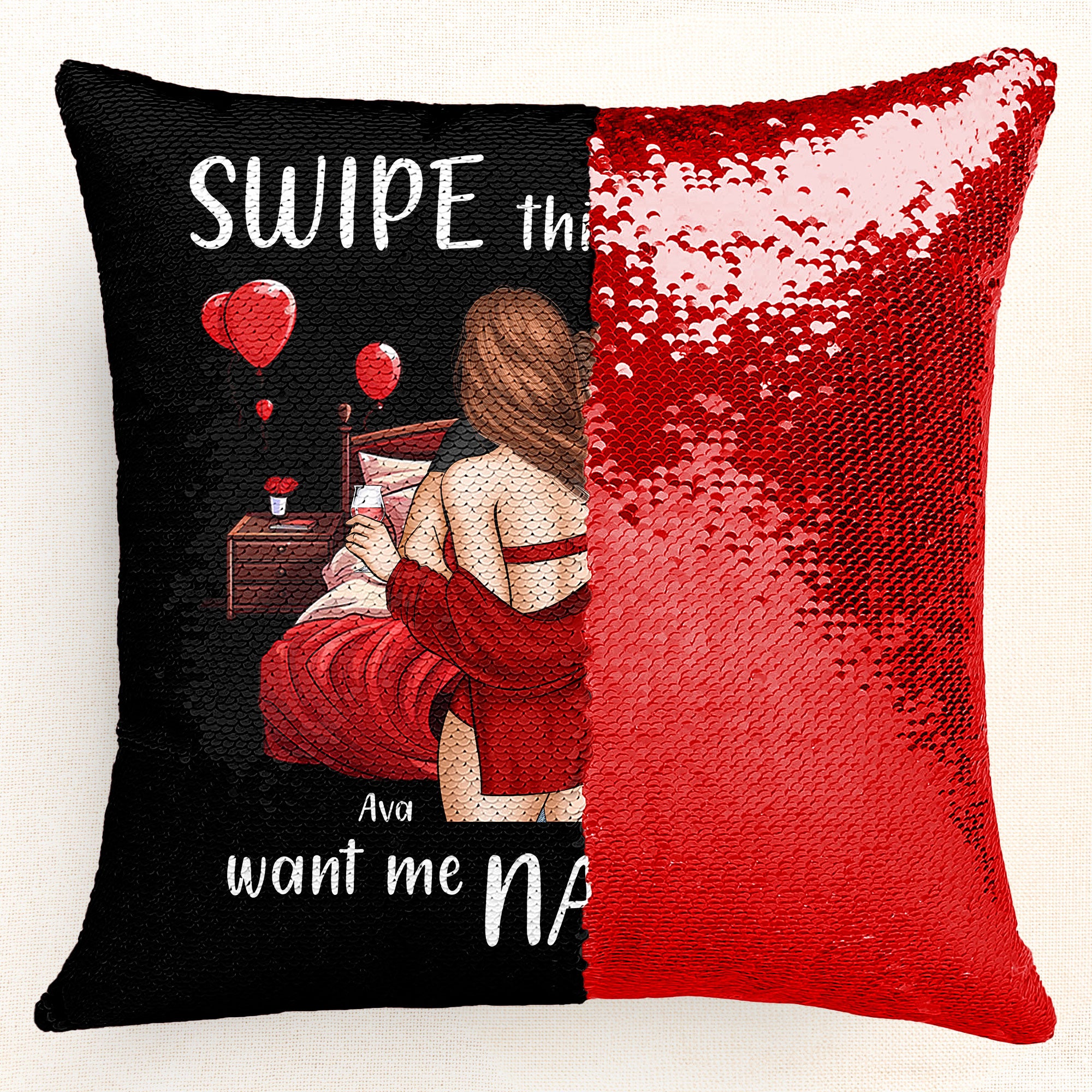 Personalized Sequin Pillow with 'Swipe this when you want me naked' message and couple picture, romantic gift