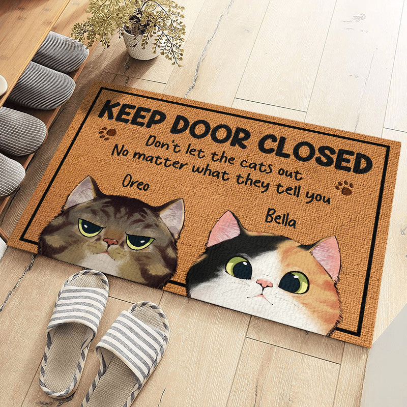 Custom cat doormat with "Keep Door Closed" message, personalized gift for cat lovers, welcome guests.