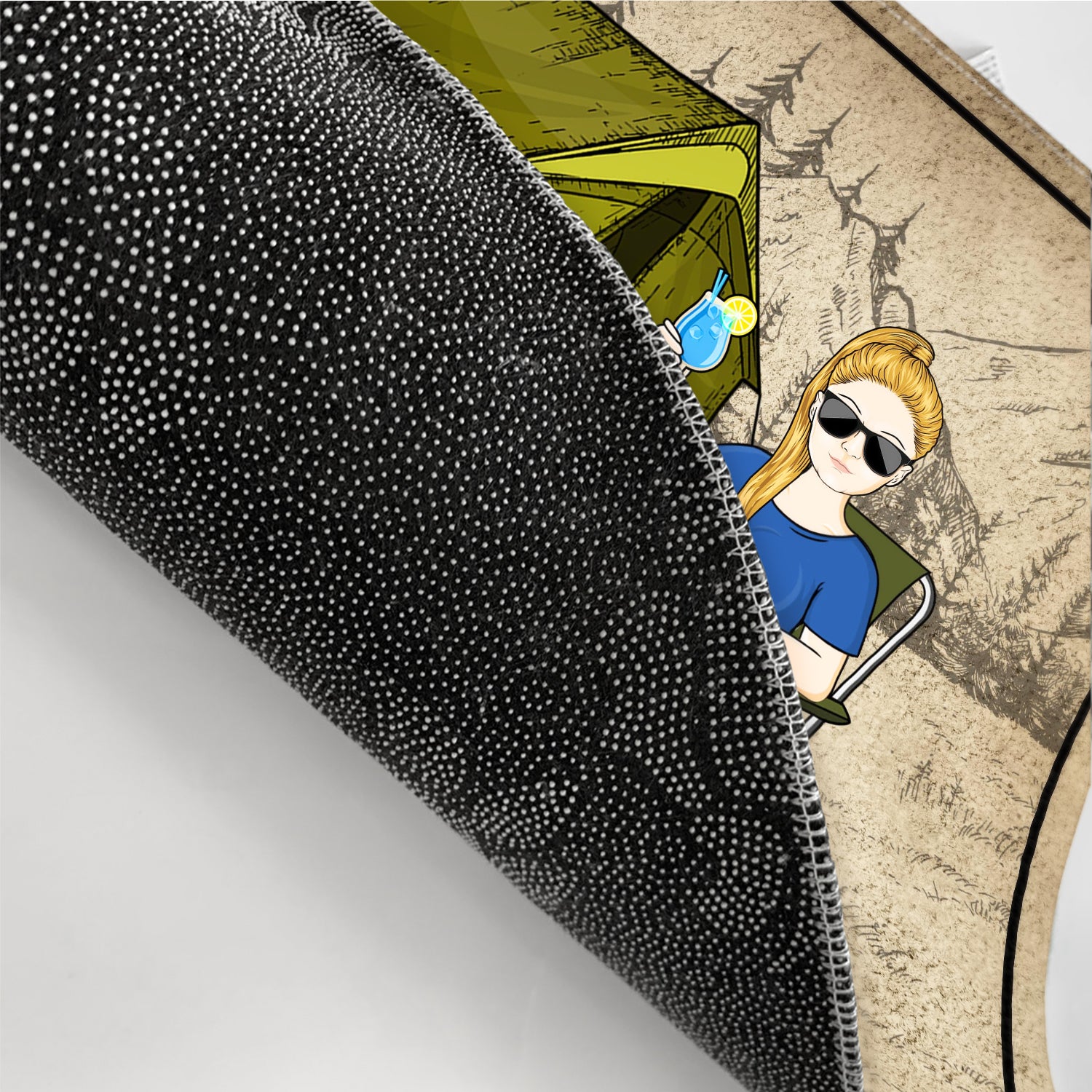 Home Is Where We Park It doormat detail, featuring a partial view of the personalized design, non-slip rubber base.
