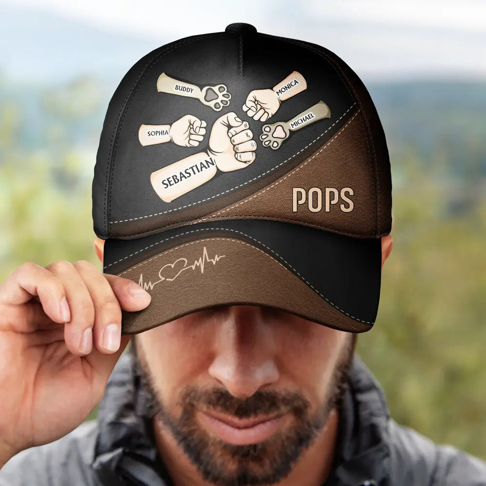 Personalized Classic Cap for Dad with Fist Bump and Pet Names, featuring Papa design, polyester-cotton blend, adjustable.