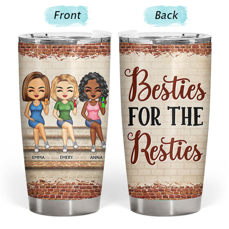 Personalized best friend tumbler, featuring cartoon figures and Besties for the Resties text, double-walled stainless steel.