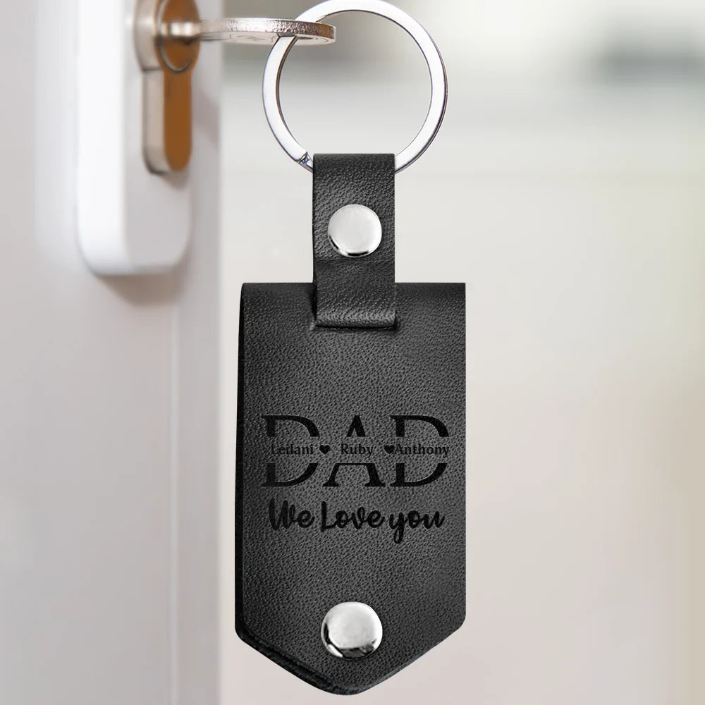 Personalized Black Leather Keychain for Dad, engraved with 'DAD I Need You Here With Me', a meaningful Father's Day gift.