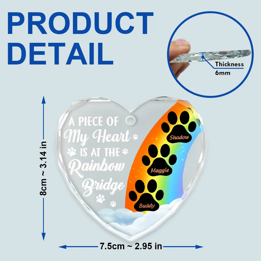 Heart-shaped glass pet memorial ornament with rainbow paw print design, PRODUCT DETAIL and dimensions included.