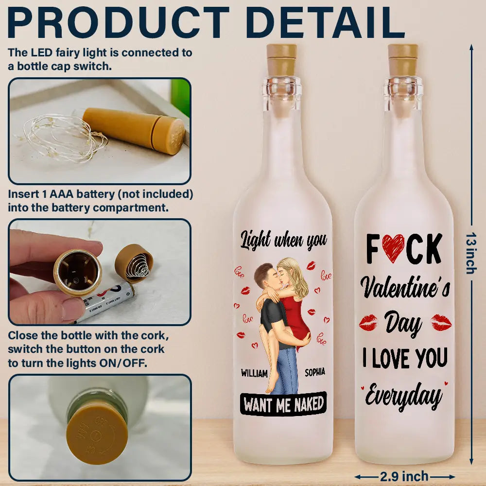 Personalized couple bottle lights with kissing couple and romantic message. Frosted glass, LED lights, and cork lid.