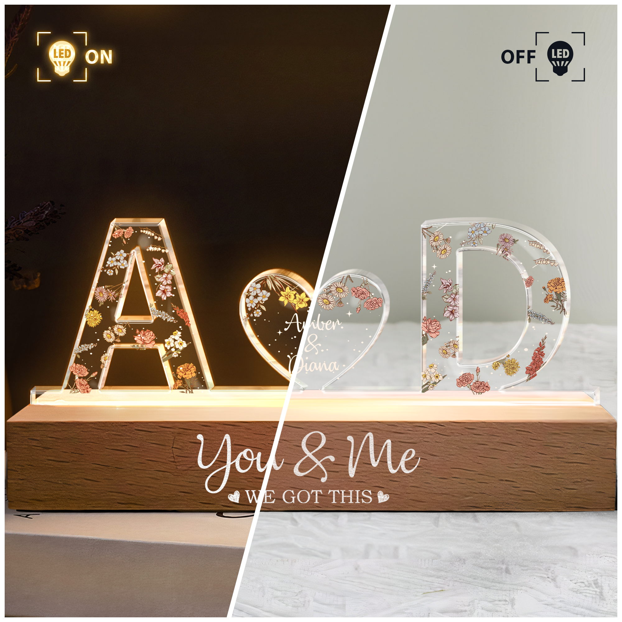 Personalized LED Night Light with initials A & D, 'You & Me We Got This' message, anniversary gift