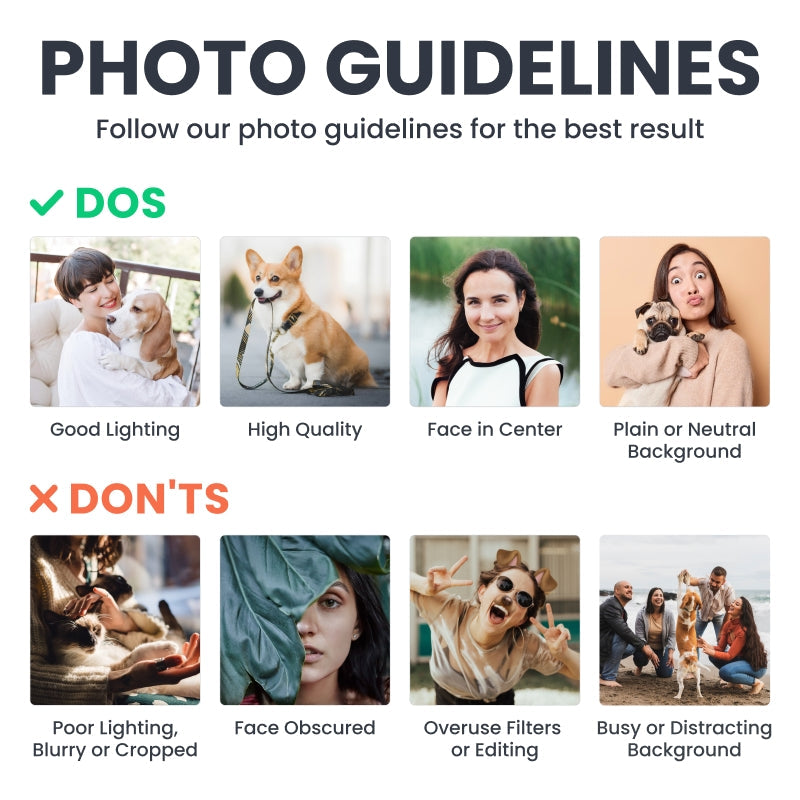 Photo guidelines for custom memorial keychain: ensure clear face and avoid blurry photos.