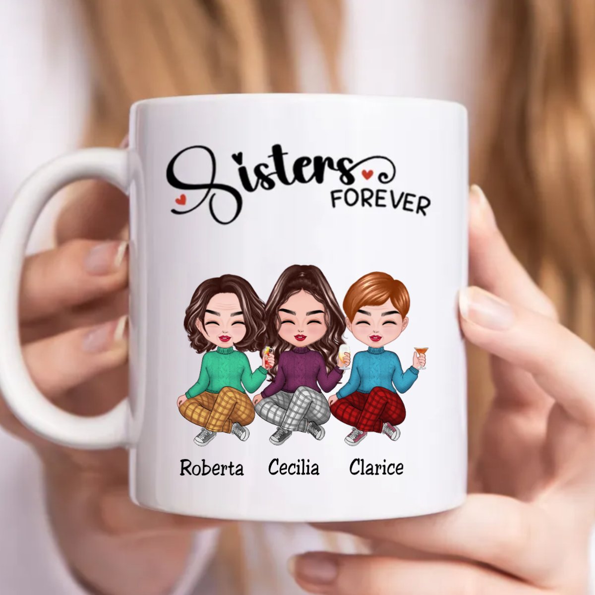Sisters Forever Personalized Mug, custom cartoon illustration with names, perfect gift.